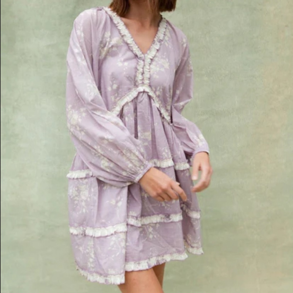 Anna Cate Aly Dress Size XS Lilac Ivory Floral Cotton Boho Long Sleeves Mini b8